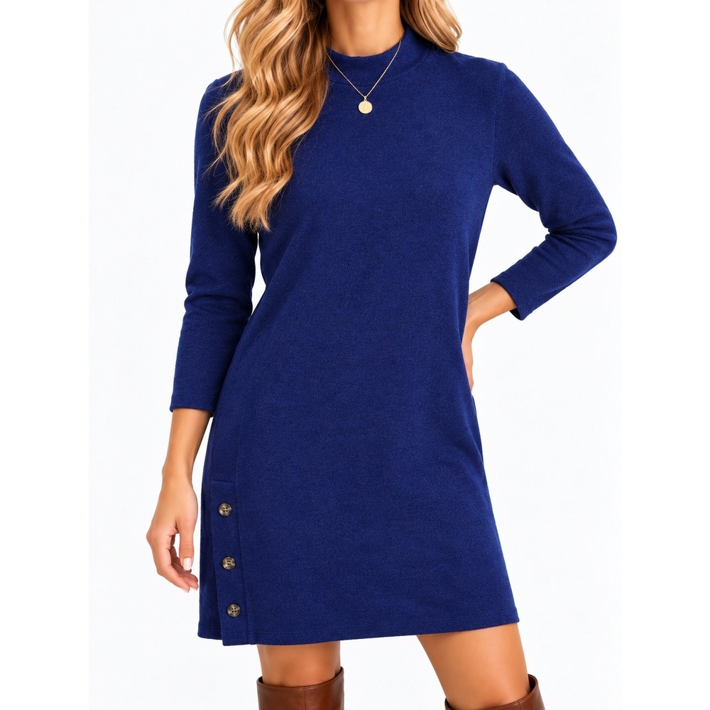 Banana Republic Royal Blue Mock Neck Sweater Dress Button Detail Petite Large